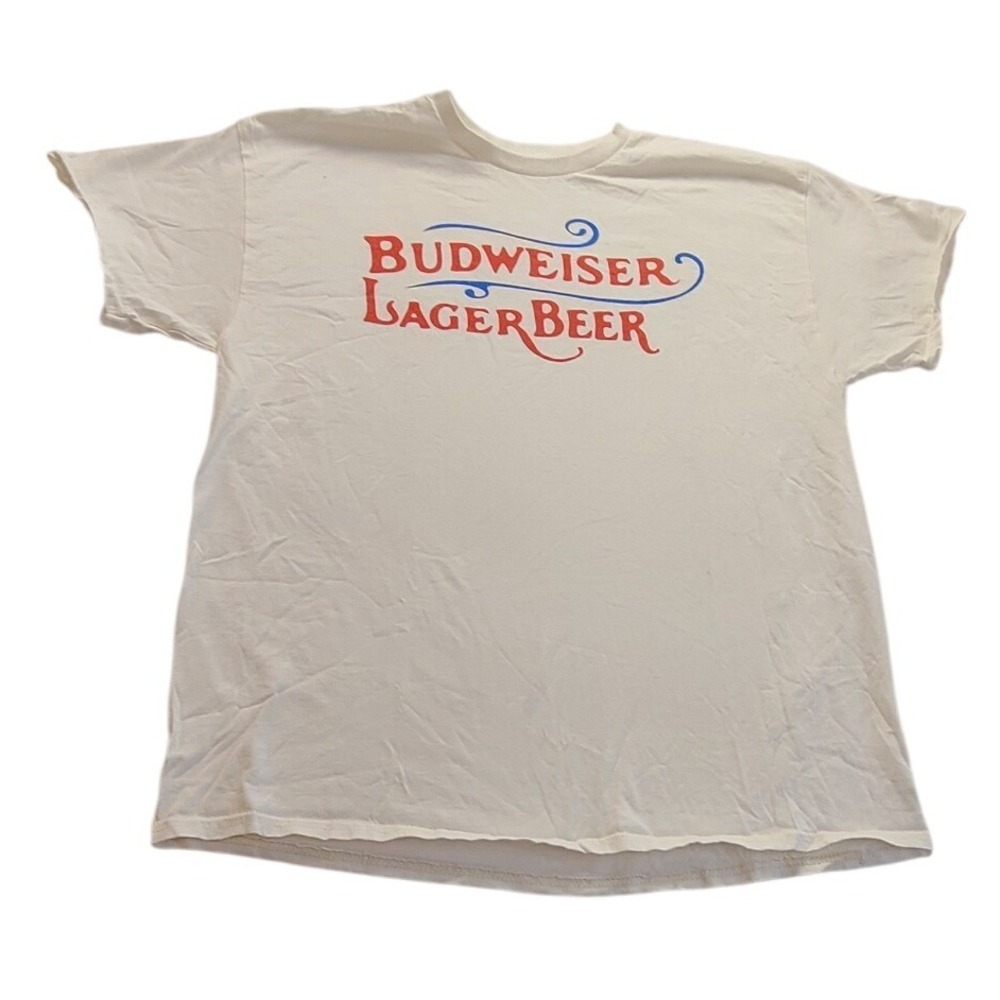 Budweiser Lager Beer Graphic T-Shirt White Short Sleeve Crewneck Men's XL Casual